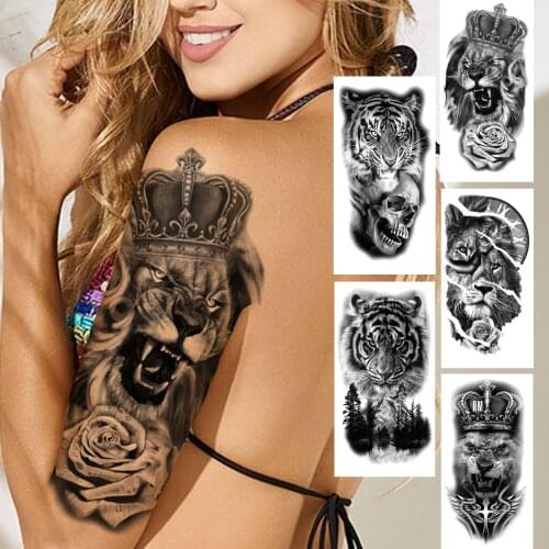 Lion King Crown Temporary Tattoos For Women Men Adult Black Tiger Forest Skull Tattoo Sticker Fake Skeleton Fashion Tatoo Flower