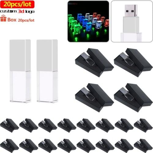 20pcs/lot New LED Crystal Pendrive Transparent 3D Logo USB Flash Drive 2.0 128GB 16GB 32GB Memory Stick 64GB Promotional Gifts