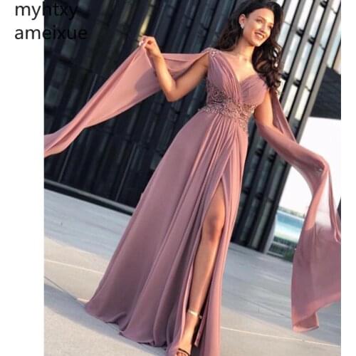 Event Elegant V-neck Cameo Prom Dresses Pleats Chiffon High Split Evening Gowns Cap Sleeves Vestido De Formatura Dress Elegant