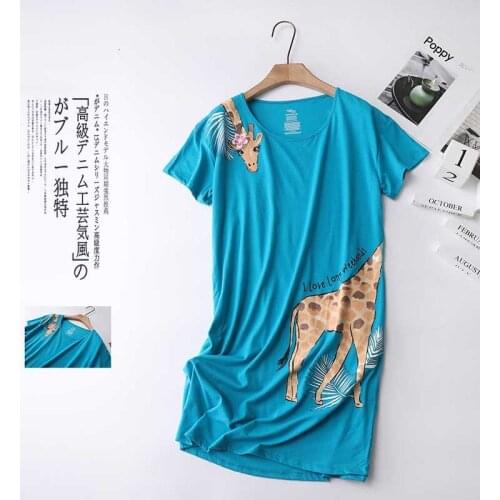Ladies Loose Large Size Sleep Dress Cartoon Giraffe Printed Summer New Comfort Cotton Short Sleeve Homewear Dress Casual Wear
