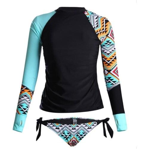 Two Piece Split swimsuit bikini sets Long Sleeve Surfing Top Rash Guard women Round Neck Two-Piece Suits print Swimwear UPF50
