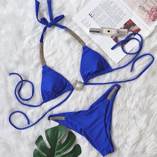Sexy Thong Bikini 2021 Women Solid Blue Rhinestone Metal Chain Swimsuit Female Summer Bathers Bathing Suit Swimwear Biquini