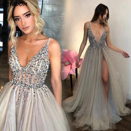 Gray Split Prom Dress A-Line Beading Sequins Evening Gowns Women Tulle V-Neck Formal Party 2021 Graduation Long Robes De Soirée