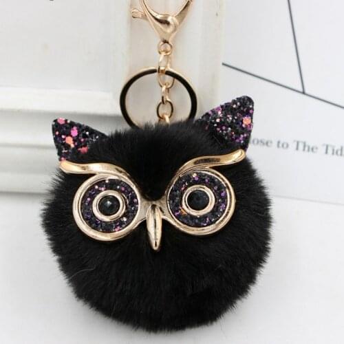 Cute Girls Fluffy Rabbit Fur Owl Keychain Women Pompom Owl Key Chain On Bag Car Trinket Female Jewelry Wedding Party Gift