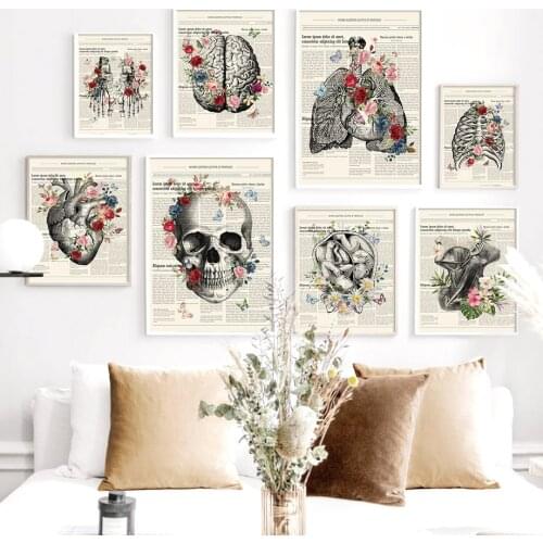 Vintage Anatomy Poster Flower Skeleton Lung Foot Bone Wall Art Canvas Painting and Prints Wall Decor Pictures for Doctor Office