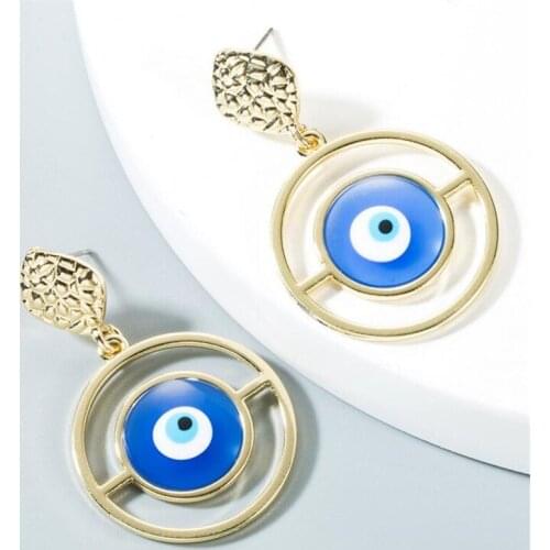 Friendship Jewelry Trendy Blue Eye Evil Eye Protection Charm Round Hoop Loop Hammered Stud Gold Pendant Women Dangle Earring