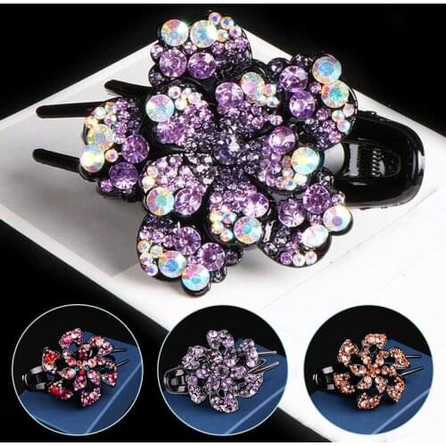 Women Duckbill Clip 2021 Hot Shining Korean Version Rhinestone Temperament Flower Plate Hairpin Three-Tooth Duckbill Hair Clip