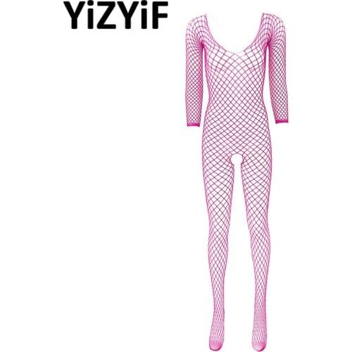 Womens Hollow Out Fishnet Body Pantyhose Full Body Stocking Sexy Bodysuit Lingerie Long Sleeves Crotchless Jumpsuit Nightwear