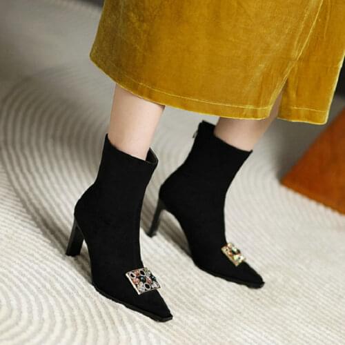 Sianie Tianie 2021 New Winter Fashion Solid Black Point Toe 9cm Thin High Heels Boots For Woman With Crystal Decoration Size 45