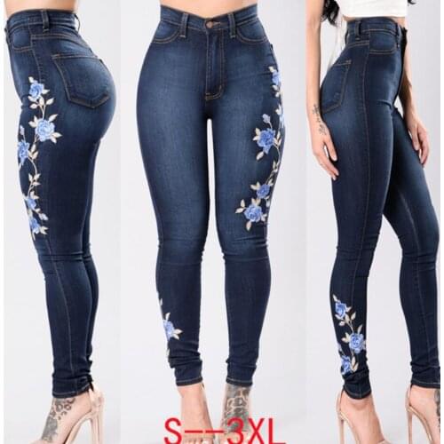 Womens embroidered high waist stretch jeans trousers Slim Stretch Denim Jean Bodycon Tassel Belt Bandage Skinny Push Up Jeans