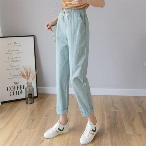Women Casual Cotton and Linen High Waist Fashion Pants Ankle Length Haren Pants Trousers