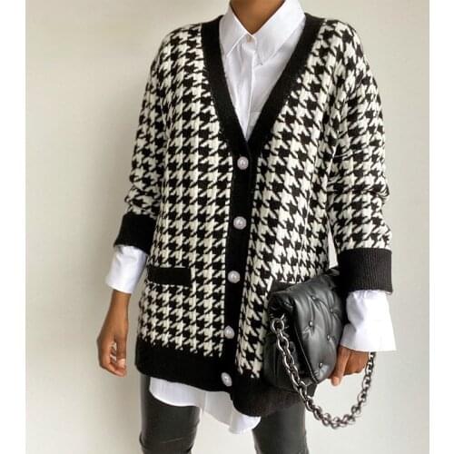 Women V Neck Houndstooth Cardigan Autumn Winter Sweater Cardigans Loose Single-breasted Knitted Coat Female Rebecas De Mujer New