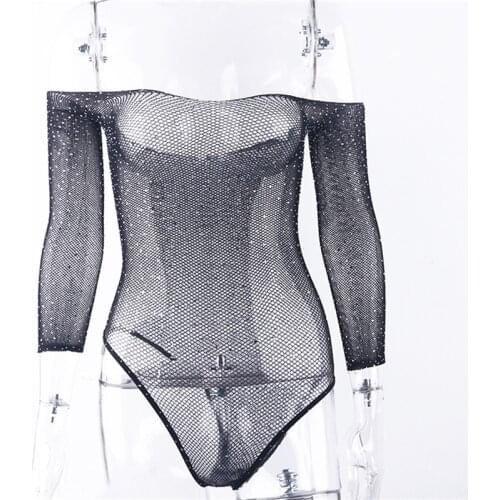 Lady Glitter Rhinestones Slash Neck Sexy Bodysuit Fishing Net Mesh Transparent Full Sleeve Backless Slim Club Party Rompers