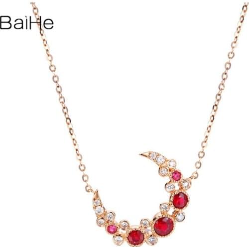 BAIHE Solid 18K Yellow Gold 0.28ct Natural Ruby 0.12ct Natural Diamonds Women Wedding Fine Jewelry Ruby Diamond Moon necklace