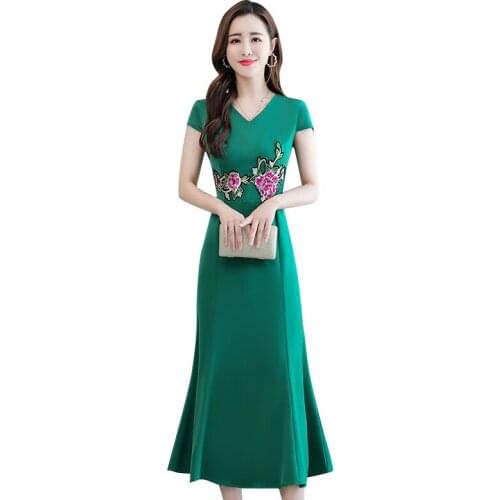 Midi Dress Elegant Embroidery Flowers Women High Waist Short Sleeves V-Neck Plus Size 4XL fishtail Womens Dress