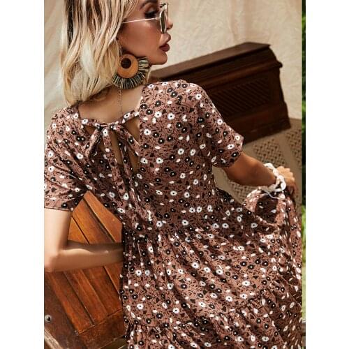 Summer Dress Women Robe Femme Print A-Line Y2K Dresses Bandage V-Neck Short Sleeve Ruffles Mini Dress For Woman Vestido De Mujer