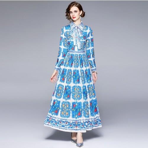 Spring Autumn Runway Long Sleeve Maxi Dresses Women Lapel Collar Blue And White Porcelain Print Holiday Long Shirt Pleated Dress