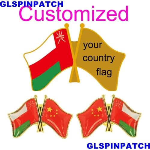 Oman Crossed Friendship Flag Double Country lapel pin Brooch USA UK France Chile Russia Saudi Arabia Japan Spain Badge