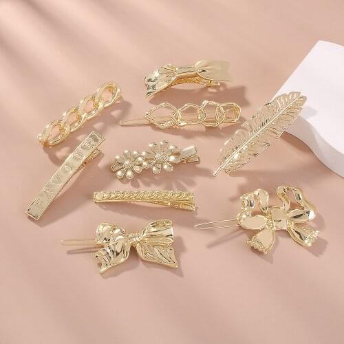 Golden Geometric Irregular Hairpins Flower Feather Bow Shape Hair Clips Hollow Chain Barrette Hair Pin Women Hair Accessories