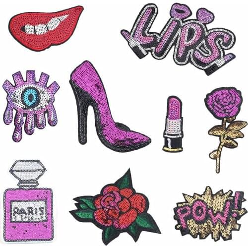 20pcs/lot Embroidery Patch Sequin Pink Perfume Pump Rose Lip Stick Letter Clothing Decoration Sewing Accessory Iron Applique