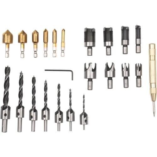23PCS Woodworking Chamfer Drilling Tool 8Pcs Wood Plug Cutter 6Pcs 1/4 Inch Hex 5 Flute 90 Degree Countersink Drill Bits