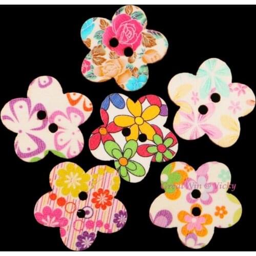 29mm 15pcs Wood Flower Buttons Sewing Wooden Button Scrapbooking Colored 2 Holes Mixed Beads For Garment Gift Craft Decoration