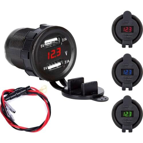 Dual USB Car Charger Cigarette Lighter Socket LED Display 12V-24V Waterproof Plug Power Outlet Adapter for Car Boat Motorcycle