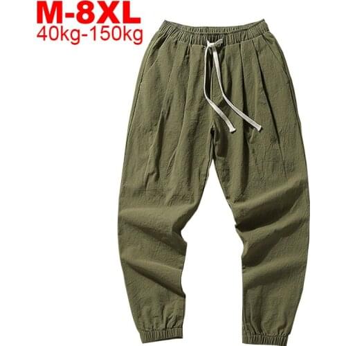 Large Size 7xl 8xl Cotton Linen Harem Pants Men Stretch Casual Trousers Man Big Size Ankle Tie Pencil Pants Male Black Fashion