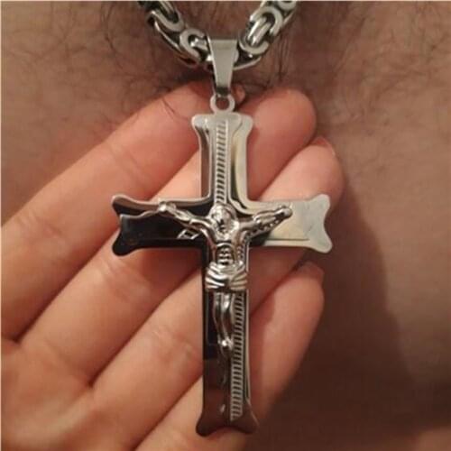 Granny Chic Boys Religious Mens Silver 316L Stainless Steel Byzantine Box Chain Jesus Cross Pendant Necklace Jewelry 20-34inch