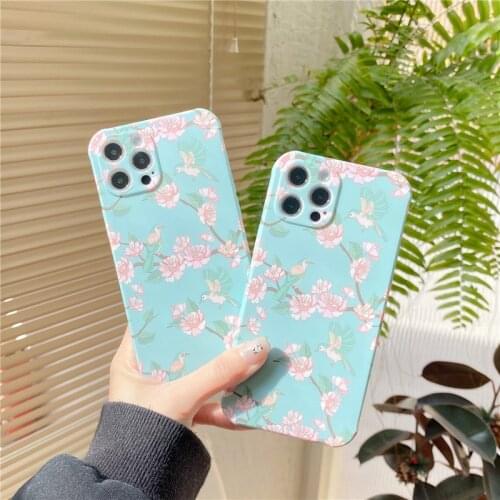 Retro sakura bird kawaii illustration Japanese Phone Case For iPhone 12 11 Pro Max Xr Xs Max 7 8 Plus 7Plus case Cute soft Cover