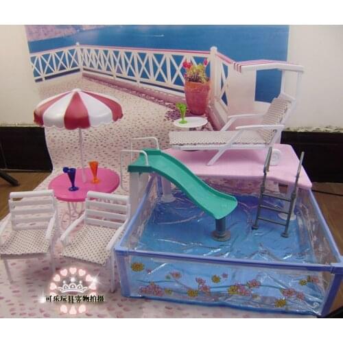 For Barbie Doll Furniture Accessories Toy Summer Swimming Sliding Ladder Beach chair Garden Afternoon Tea Pretend Holiday Gift