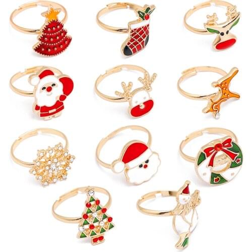 Children Christmas Kawaii Cartoon Snowman Elk Snowflake Ring For Women Girl Kids Gift Happy New Year Party Adjustable Rings