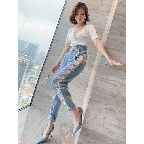 Top Quality Kink V-neck Short sleeve+Lace Beaded Flower jeans set summer new