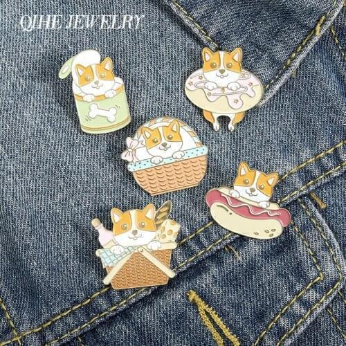 Cute Corgi Dog Enamel Lapel Pins Food basket Donuts hot dog Brooches Badges Fashion Pins Gifts for Friends Jewelry Wholesale