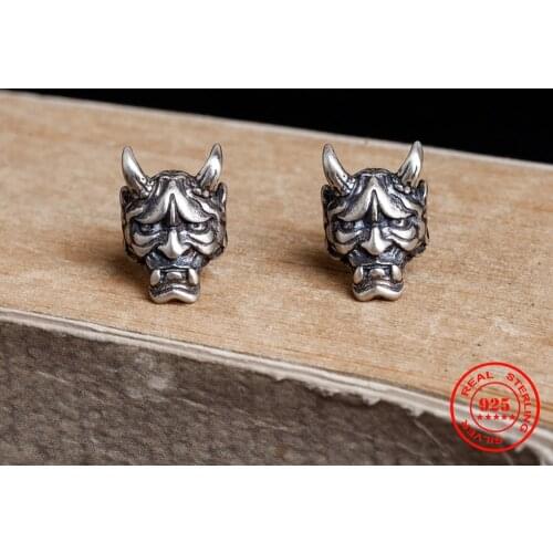 MKENDN Vintage Real 925 Sterling Silver Skeleton Prajna Stud Earrings For Men and Women Gothic Street Pop Hip Hop Ear Jewelry