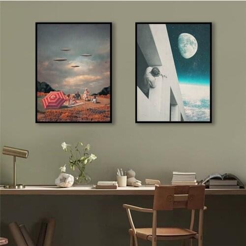 Wall Art Canvas Painting Vintage Universe Earth Poster Night Sky Spacecraft Modern Science Fiction Picture for Living Room Decor