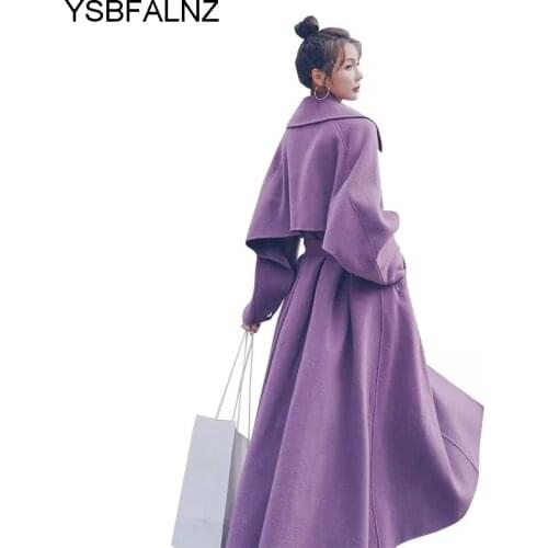 New Purple Woolen Coats Womens Winter Korean Thickened Cotton British Style Over Knee Cashmere Jackets Elegant Outwears Female