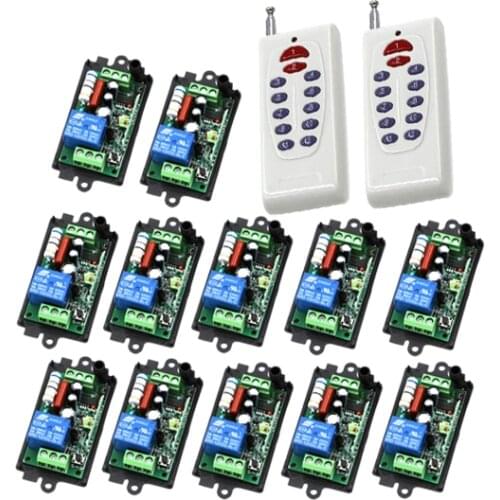 AC 110V 220V 10A 1CH wireless RF Remote Control Switch 2 Transmitter+ 12 Receiver For Access/door Control System SKU: 5455