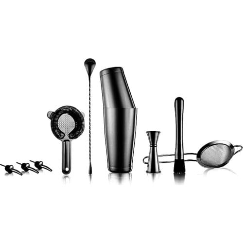 Premium Cocktail shaker set / Bar tools - Bartender Kit Includes Black Boston Shaker, Jigger, Spoon, Pourer, Muddler & Strainer