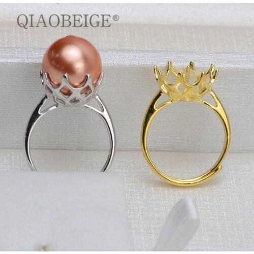 QIAOBEIGE DIY Mountings 925 Crown Ring Blank Fit 6-9MM Adjustable Rings diy handmade Round Akoya pearl mounts