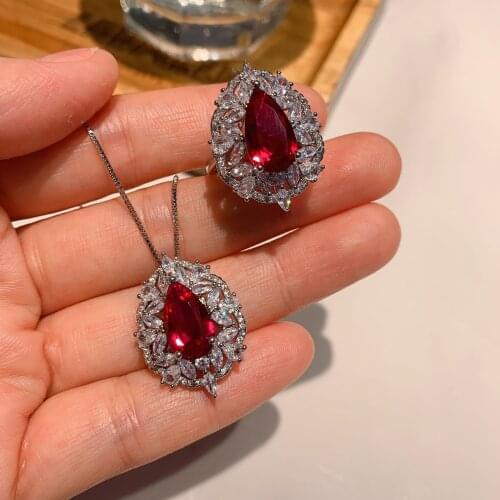 QTT Classic Elegant Red Wedding Jewelry Set For Women Bride 925 Sterling Silver Necklace Ring Sets Water Drop CZ Set