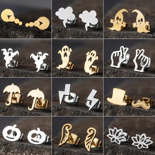Punk Gothic Stainless Steel Lightning Bat Ghost Lotus Wing Pumpkin Earrings Minimalism Ear Studs Everyday Earring Girl Kids Gift