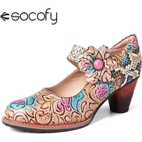 SOCOFY Retro Leather Embossed Rose Splicing Floral Sequined Round Toe Mid Heel Pumps Women Shoes Botas Mujer 2020