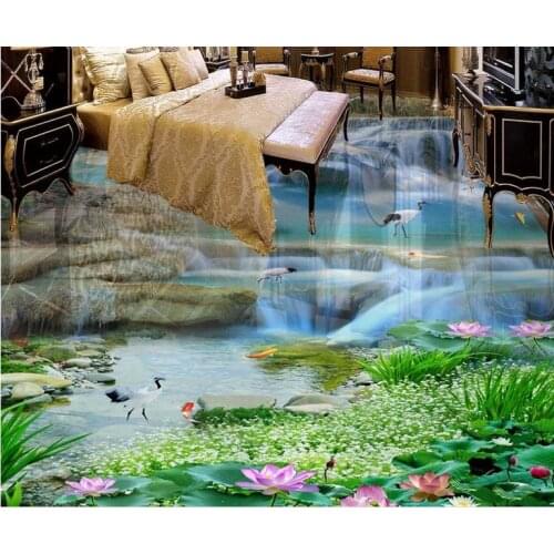 Custom vinyl flooring bathroom mural Waterfalls Lotus 3d pvc flooring waterproof murals wallpaper 3d flooring photo wall murals