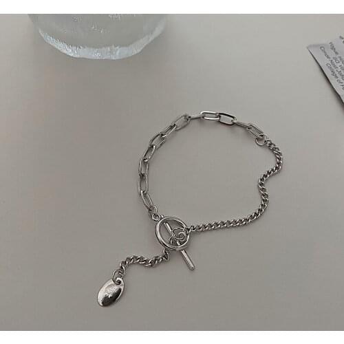 Minar Personality Silver Colour Oval Coin Pendant Charm Bracelets for Women Ladies Hollow Link Chain OT Clasp Bracelets Jewelry