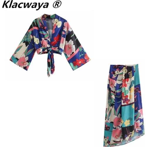 Klacwaya Women 2021 Floral Print Set Fashion With Knot Crop Blouses Vintage Shirts Female High Waist Slit Midi Skirt Suit