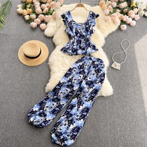 Zoki Beach Women Two Piece Sets Summer Sweet Printed Vest Tanks Crop Top High Waist Fashion Holiday Lantern Pants Boho Suits