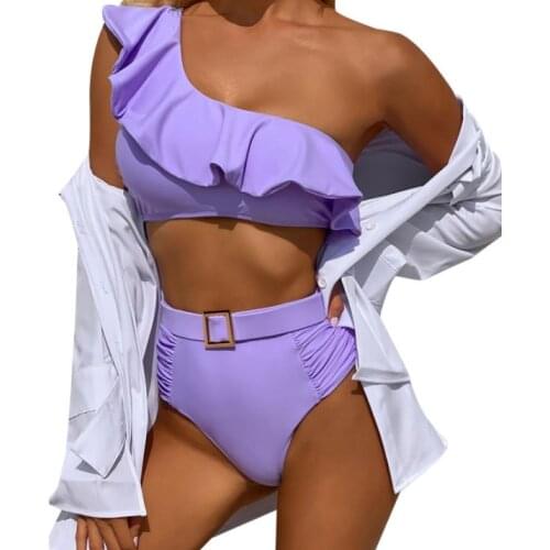 Ladies Bikini Two-piece with Oblique Shoulder Design Ruffled Trim Sexy High Waist Summer Clothing