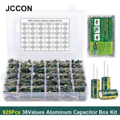 925Pcs/Box 36Values JCCON Aluminum Electrolytic Capacitor 10V-63V 1uF-1500uF Assorted Kit Storage Box High Frequency Low ESR