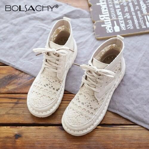 Summer Bootie Ankle Boots 2021 New Shoes Lace Mesh Cool Boots hollow Fashion Soft sole Women Lace-Up Boots Botines Mujer White